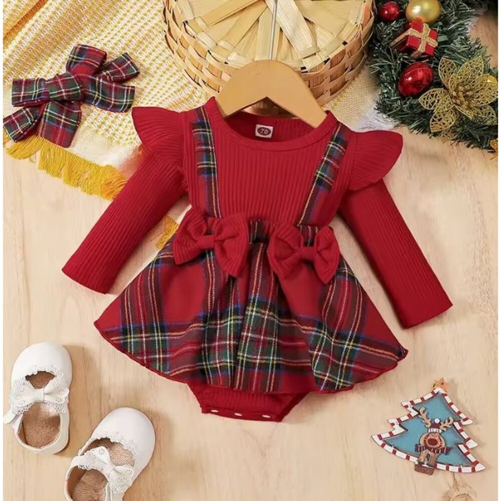 New Boutique Plaid Christmas Baby Girl Romper,  3-6M